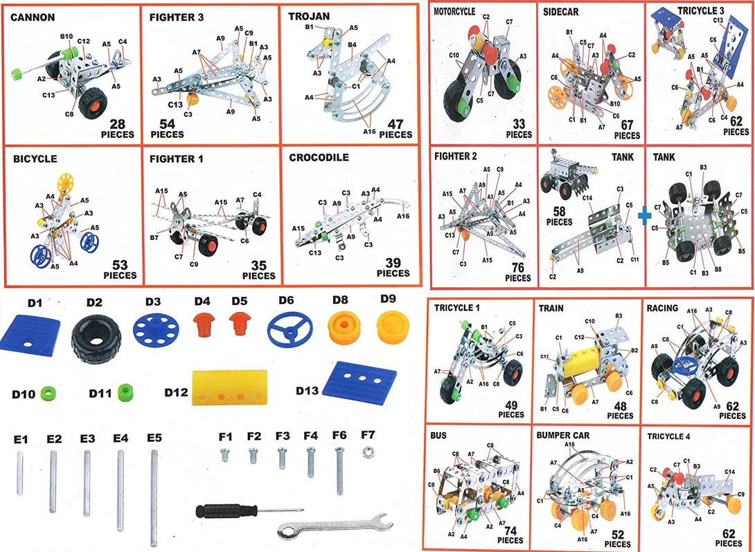 Alloy Building Block Mecanno Set 25 Models and 249 pieces Including - Trendytoys