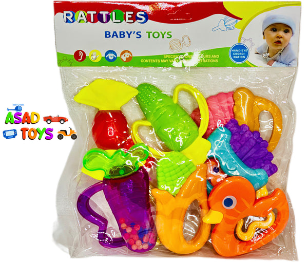 9 PcsDifferent Shape Teether Rattles For Babies In Different Colors - Trendytoys