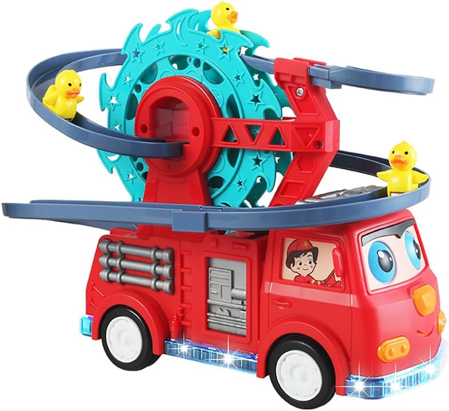 2 IN 1 FIRE ENGINE SLIDE TOY SET AUTOMATIC SLIDE DOWN DUCK TOY RACE TRACK TOY - Trendytoys