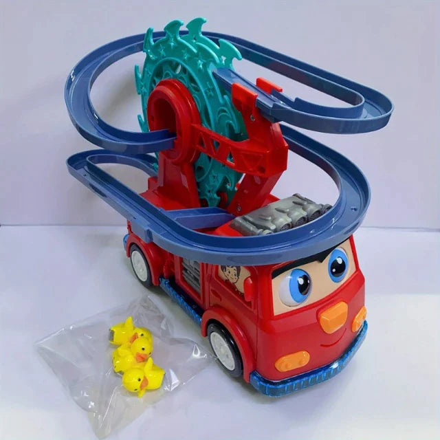 2 IN 1 FIRE ENGINE SLIDE TOY SET AUTOMATIC SLIDE DOWN DUCK TOY RACE TRACK TOY - Trendytoys