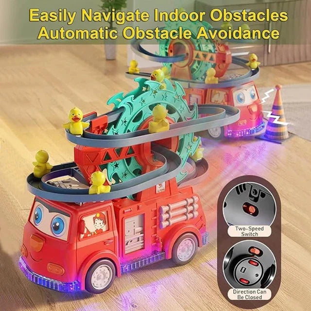 2 IN 1 FIRE ENGINE SLIDE TOY SET AUTOMATIC SLIDE DOWN DUCK TOY RACE TRACK TOY - Trendytoys