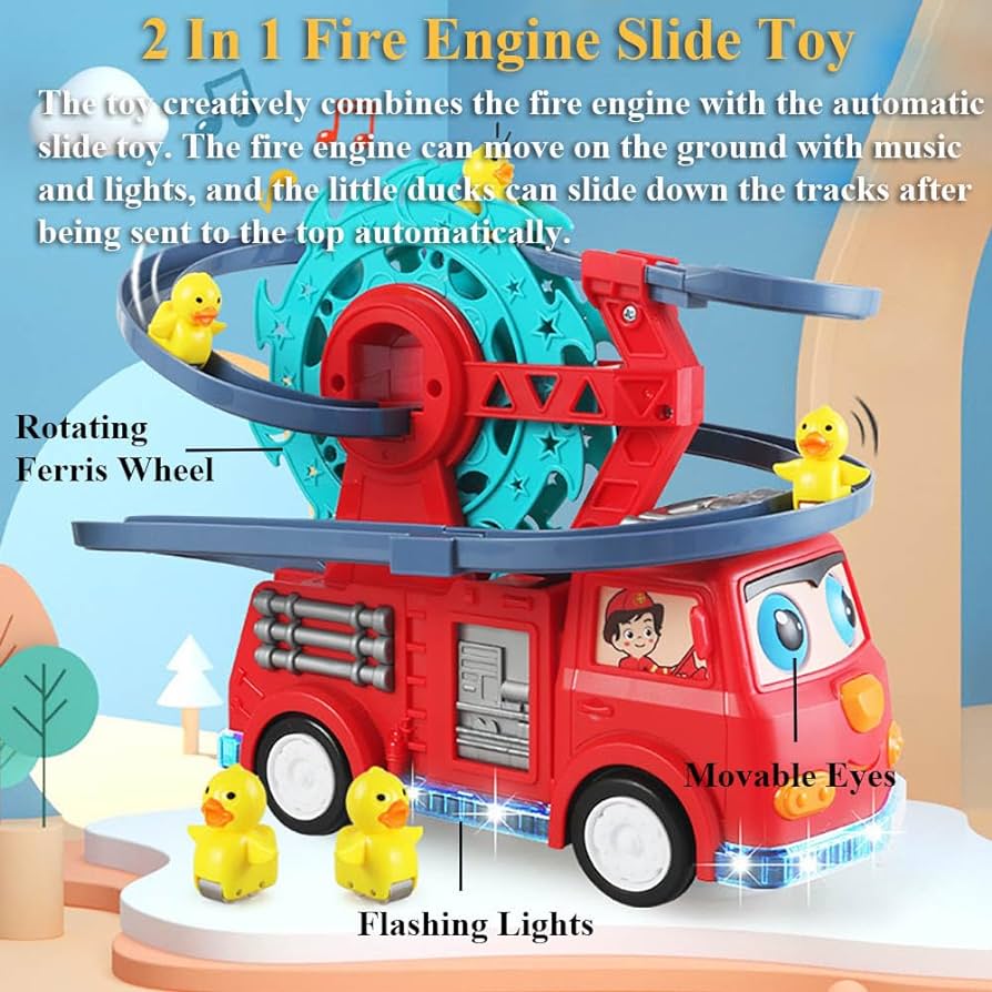 2 IN 1 FIRE ENGINE SLIDE TOY SET AUTOMATIC SLIDE DOWN DUCK TOY RACE TRACK TOY - Trendytoys