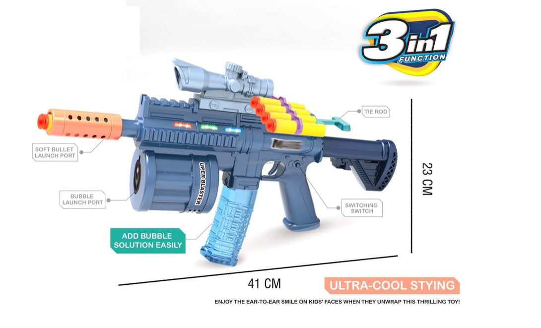 3 in 1 GEL BLASTER GUN WITH SOFT BULLET BLASTER GUN WITH BUBBLE MAKER GUN - Trendytoys