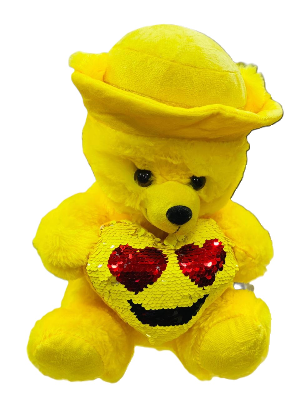 Small Size Yellow Teddy Bear with cap and Smiley Emoji Heart - Trendytoys